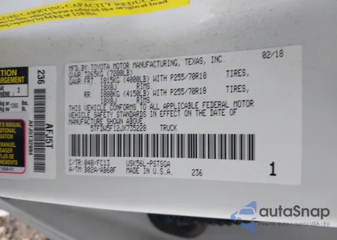 2018 Toyota Tundra Sr5 5.7L V8 z USA, uszkodzony, nr VIN 5TFDW5F12JX735228